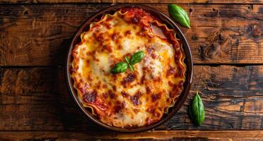 Delicious homemade lasagna served in a rustic clay dish photo
