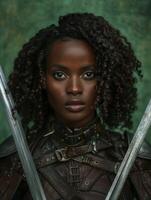 Confident warrior woman posing with swords photo