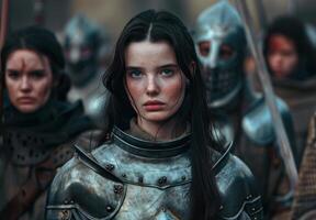 Determined Female Warrior in Medieval Armor with Troops in Background photo