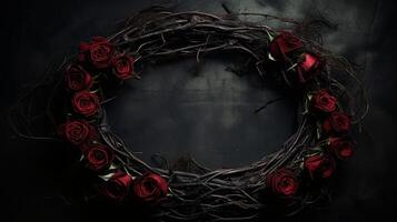 Elegant floral wreath with red roses on a dark background photo