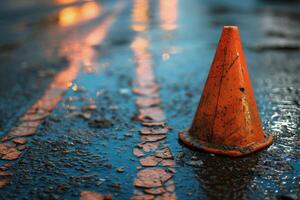 Wet orange traffic cone on a reflective asphalt surface at sunset photo