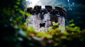 Mystical ancient tower hidden in a foggy forest photo