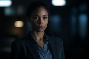 Professional woman in a business suit standing confidently in an office setting photo