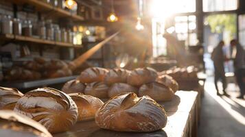 Freshly baked bread on display in a rustic bakery with warm sunlight photo