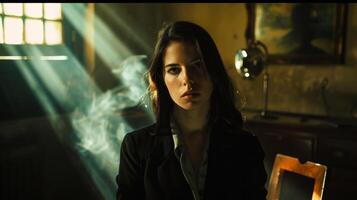 Mysterious woman in a dimly lit room with sunlight streaming through a window photo