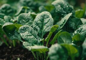 Fresh spinach leaves with dew drops in garden photo