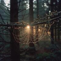 Sunrise through a dew covered spider web in a forest photo
