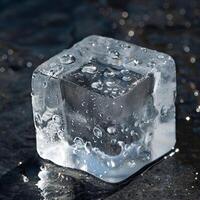 Close up of a melting ice cube on a wet surface photo