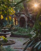 Sunlight streaming through trees in a serene garden with brick arches photo