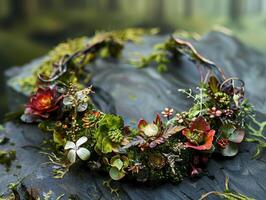 Artistic floral wreath arrangement on a rustic wooden surface photo