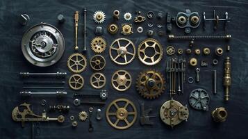 Assorted mechanical parts and gears neatly arranged on a dark background photo