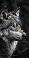 Intense gaze of a majestic grey wolf in natural setting photo