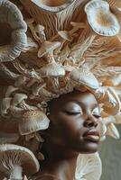 Surreal portrait of a woman with mushrooms growing around her photo