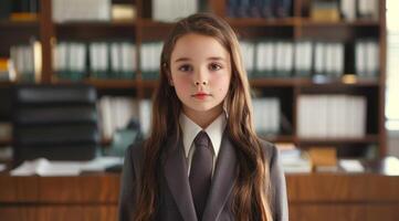 Young girl in a suit standing confidently in a library photo