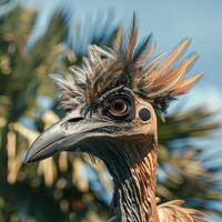 Close up of a colorful bird with striking feathers and intense eyes photo