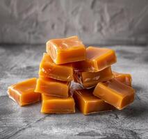 Stack of Chewy Caramel Candies on a Wooden Table photo