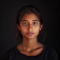 Portrait of a young woman with a thoughtful expression against a dark background photo