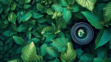 Camera lens peering through lush green leaves photo