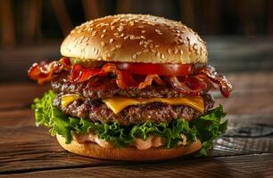 Delicious Double Bacon Cheeseburger on Wooden Table photo