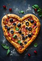 Heart shaped pizza with toppings on a dark background photo