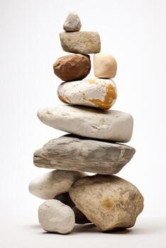 equilibrado apilar de suave río rocas en un blanco antecedentes foto