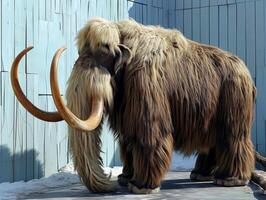 Lifelike model of a woolly mammoth in a snowy setting photo