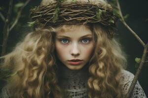 Mystical young woman with a crown of branches in a forest photo