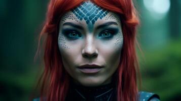 Mystical warrior woman with striking makeup in a forest photo