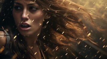 Dramatic portrait of a woman with windblown hair and sparkling lights photo