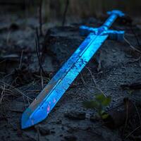 Mystical glowing sword embedded in the ground at twilight photo