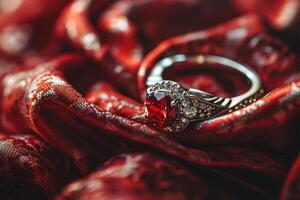 Elegant ruby ring nestled in a luxurious red fabric photo