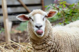 Sheep licking its nose in a farm setting photo