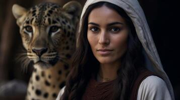 Woman with a leopard in a serene setting photo