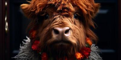 Highland Cow with Floral Garland Looking at Camera photo