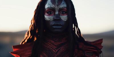 Portrait of a woman with artistic tribal makeup in a natural setting at dusk photo