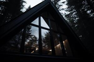 Modern cabin in a forest at dusk photo