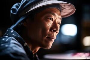 Portrait of an Asian man wearing a hat in dim lighting photo