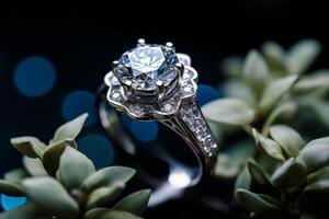 Elegant diamond ring displayed against a dark background with soft bokeh lights photo