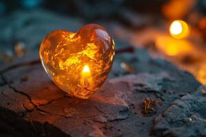 Glowing Heart Shaped Object on a Textured Surface with Warm Backlight photo