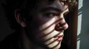 Young man with contemplative expression in shadow and light photo
