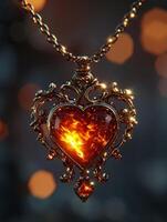 Glowing Heart Pendant on a Chain with Sparkling Background photo