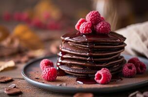 Delicious chocolate pancakes with fresh raspberries and syrup on a rustic table photo