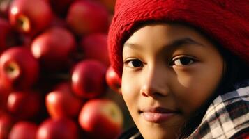 Young girl in red hat posing with a pile of fresh apples during autumn photo