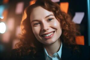 Confident young businesswoman with a bright smile in office setting photo