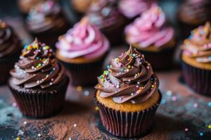 Assorted cupcakes with colorful frosting and sprinkles photo