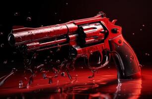 Wet red revolver on a reflective surface with water droplets photo