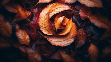 Autumn leaves arranged in a spiral pattern on a dark background photo