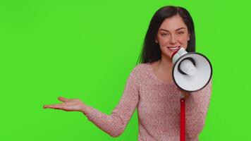 Woman talking with megaphone, proclaiming news, loudly announcing advertisement pointing empty place video