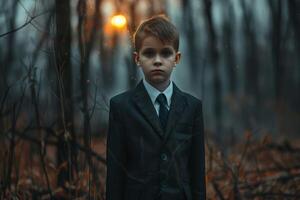Young boy in a suit standing solemnly in a misty forest at dusk photo