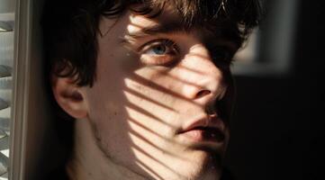 Young man with shadows on his face looking thoughtfully through a window photo